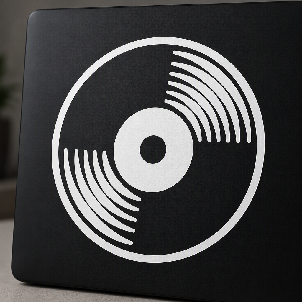 A white vinyl record disc silhouette brings an expressive music-inspired accent to a laptop, defined by its bold circular outline, thick groove ring, and generous open center.
