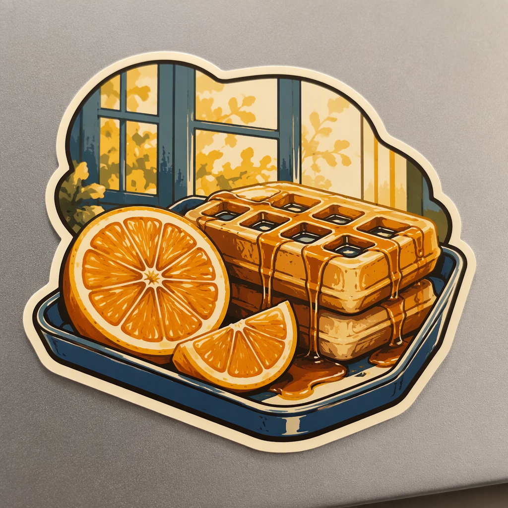 A tray of waffles, large orange slices, and syrup sits beside a warm kitchen window in an inviting amber, blue, and cream palette.