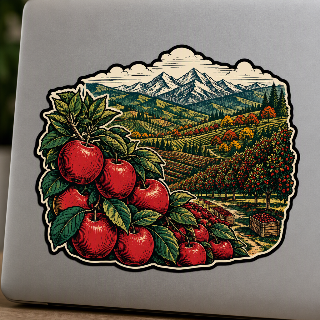 Red apples fill the foreground of this rustic Washington orchard hillside scene, while snowy angular mountain peaks rise in the distance.