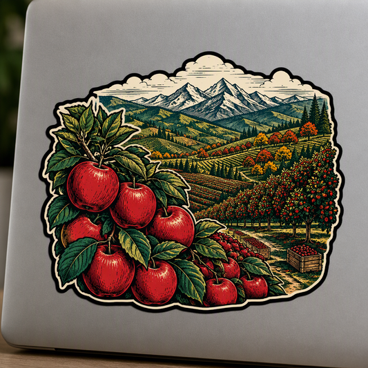 Red apples fill the foreground of this rustic Washington orchard hillside scene, while snowy angular mountain peaks rise in the distance.