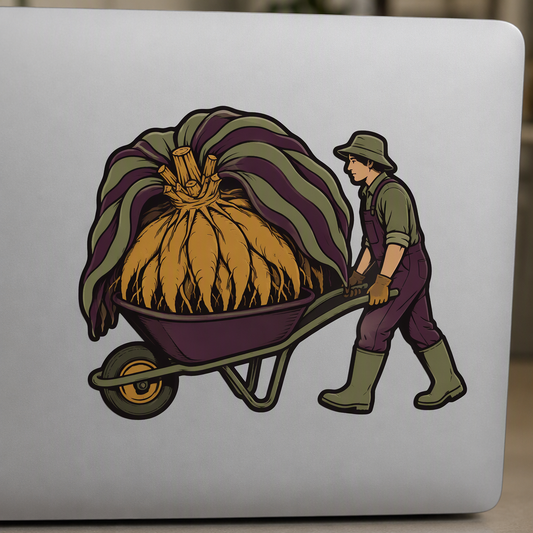 A whimsical wheelbarrow carries one enormous dahlia tuber, topped with folded striped leaves in a compact plum, ocher, and sage garden scene.