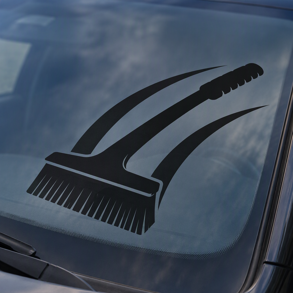 A black silhouette shows a broad snow brush resting across a generic car windshield, paired with two large sweeping cleared arcs that capture the familiar motion of brushing away winter snow.