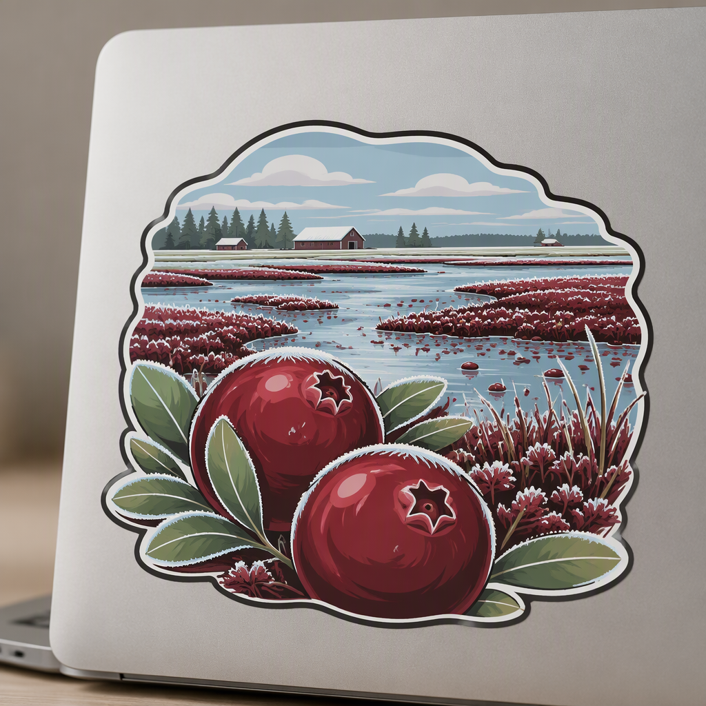 A quiet Wisconsin cranberry bog scene brings harvest-to-winter beauty to your everyday gear, with thin morning frost edging the water and two oversized ruby cranberries standing boldly in the foreground.
