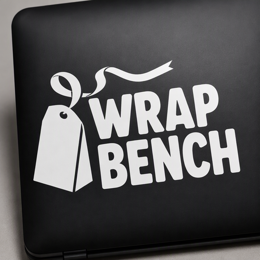 “WRAP BENCH” appears in bold white lettering for a playful nod to the joy of gift wrapping.
