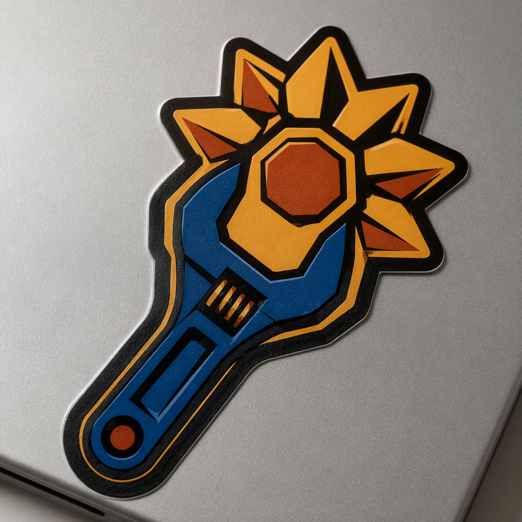 A generic adjustable wrench opens into a broad sun bloom with a hexagonal center in cobalt, mustard, and rust angular facets.